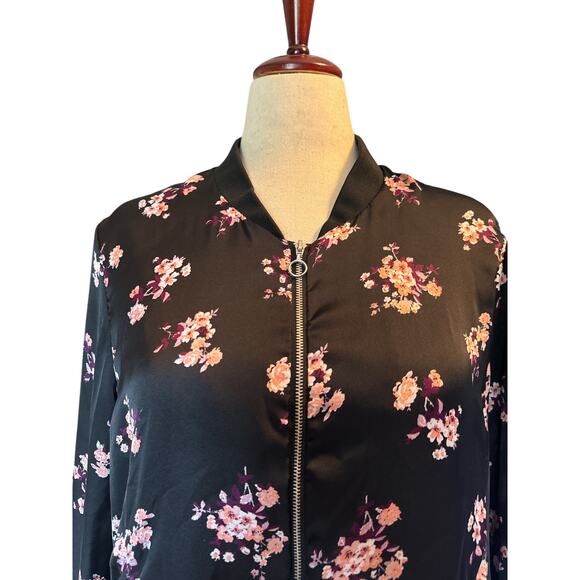 Ultra Flirt Satin Bomber Jacket Floral Black Pink Satin Zip Front Plus 1X - Picture 6 of 8